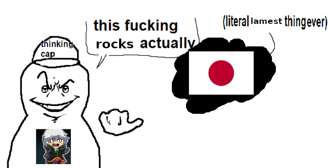 Meme in the "This Fucking Sucks Actually" format, but instead of saying "sucks" the character says "rocks" and "literal coolest thing ever" is replaced with "literal lamest thing ever." Literal lamest thing ever is here Japan, represented by the Japanese flag, and the man in the thinking cap is a random Discord dude's profile picture.