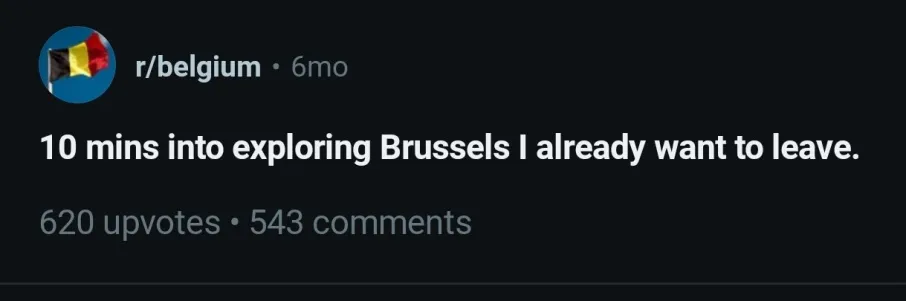 screenshot of a reddit thread titled "10 mins into exploring Brussels I already want to leave."