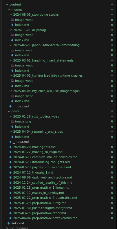 Screenshot of the VS code file explorer showing the directory structure of this blog. All the pages are nicely sorted by date, except for two things: posts made in the same day, and posts that are represented by directories rather than .md files.